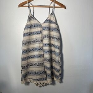 NEW En Creme Women Blue Cream Floral Stripe Cotton Romper Crochet Lace Trim Sm